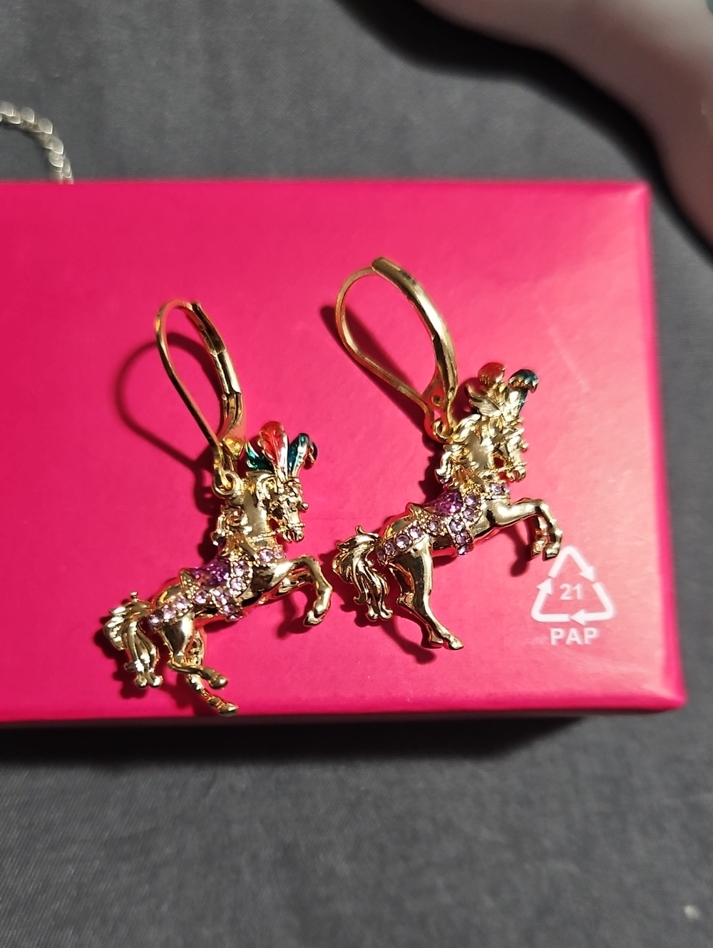 Gold Tone Bling Dangle Carnival Horse Earrings